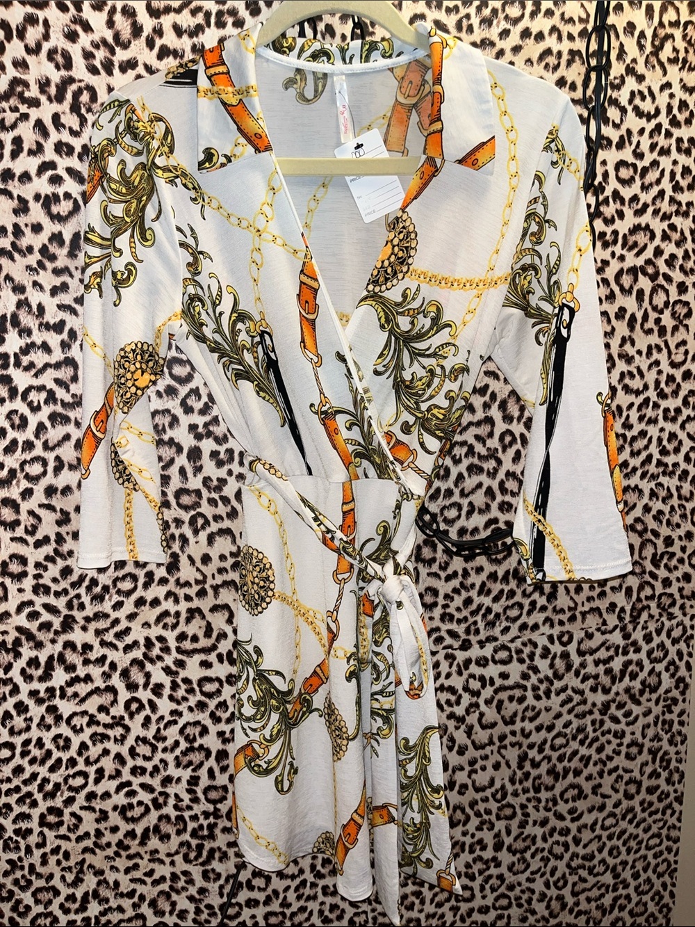 My Story White Wrap Mini Dress with Orange and Gold Chain Print